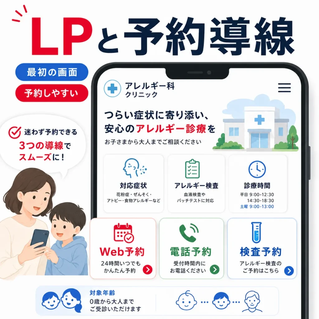 アレルギー科クリニックのLPでWeb予約・電話予約・検査予約の導線を分かりやすく示すイラスト