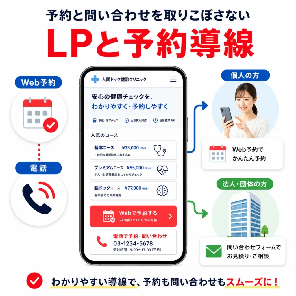 LPからWeb予約や電話問い合わせへ迷わず進める予約導線を示すイラスト