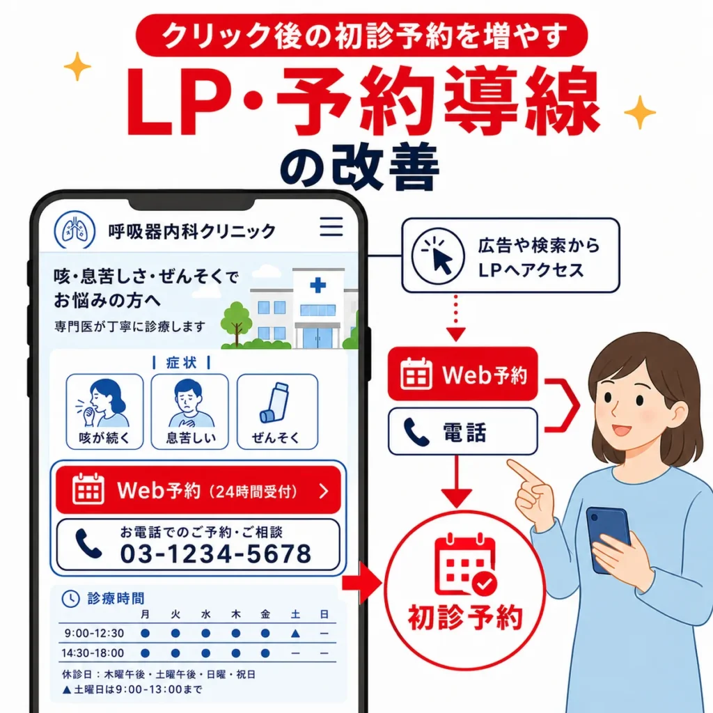 クリック後のLPで症状案内、Web予約、電話導線を分かりやすく配置して初診予約へつなげるイラスト