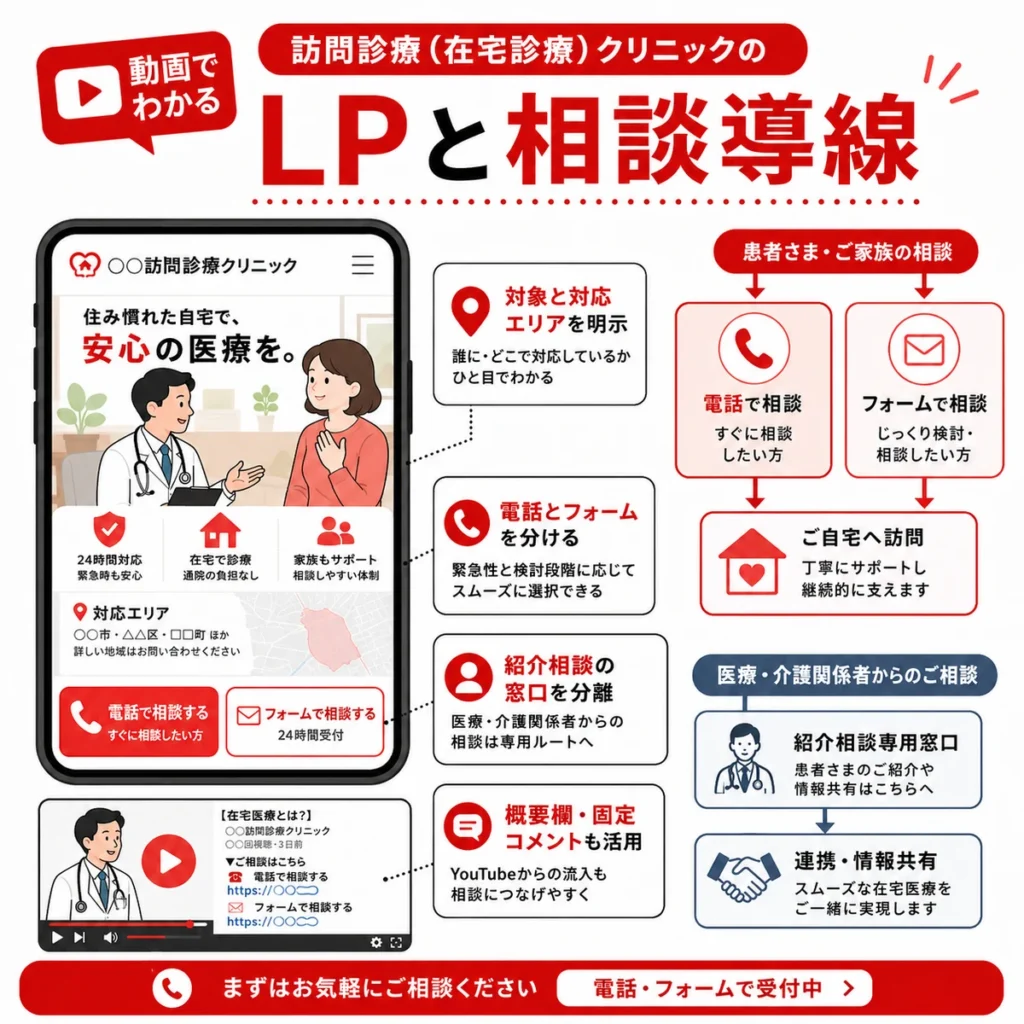 YouTubeチャンネルとLPから電話相談やフォーム相談へつなぐ導線を示すイラスト