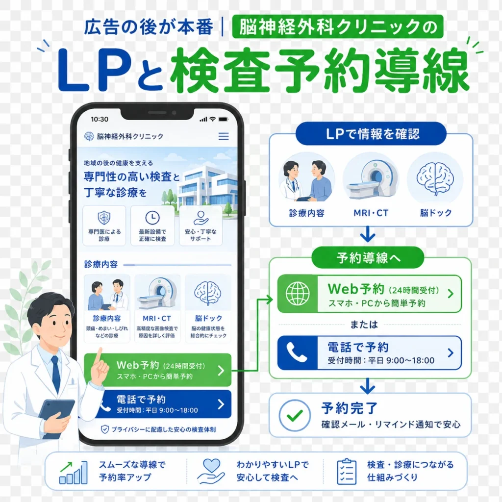 LPで診療内容やMRI・CT、脳ドック情報を確認してWeb予約や電話予約へ進む導線のイラスト