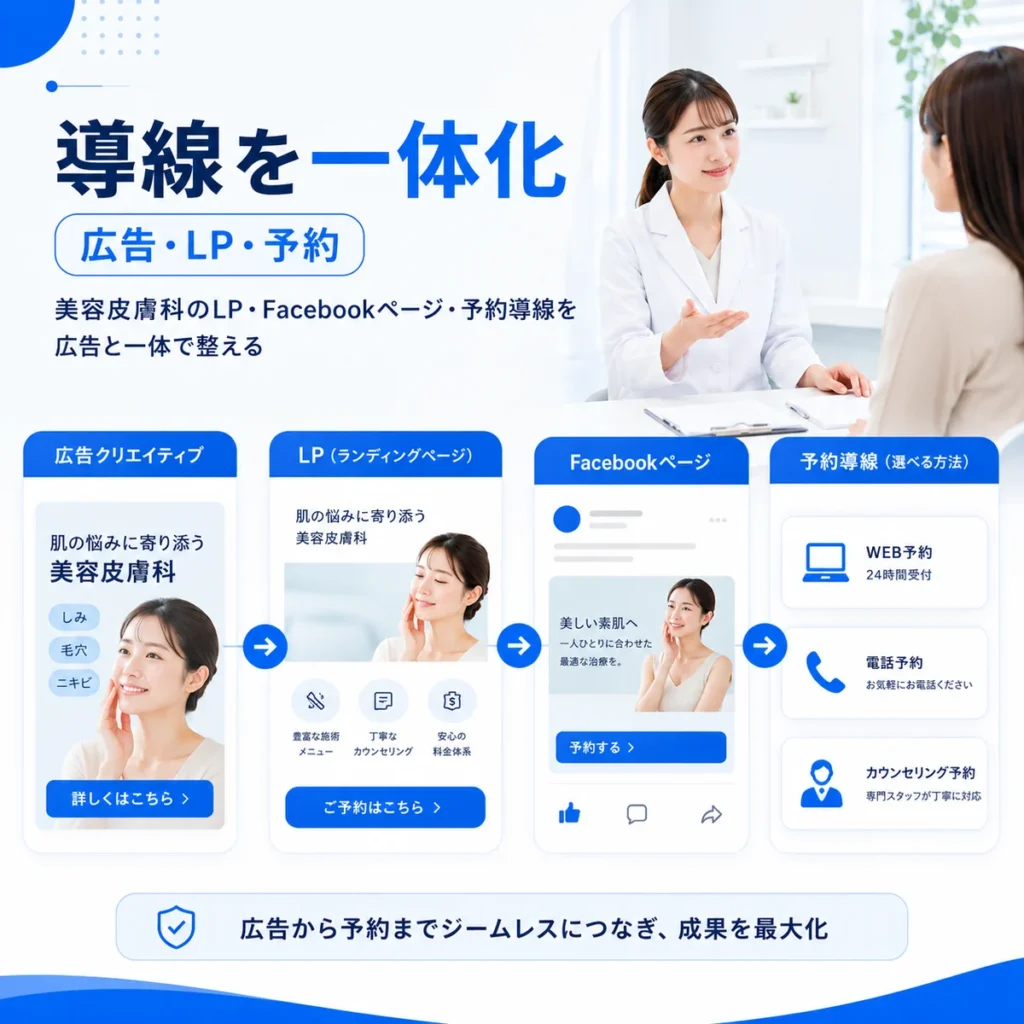 広告クリエイティブからLP、Facebookページ、予約導線までを一体化する流れを示すイラスト