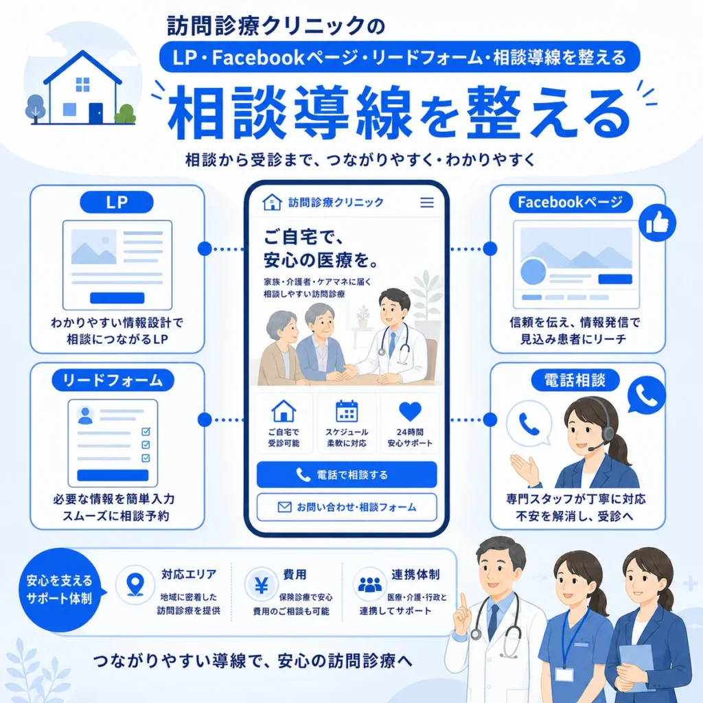 LP、Facebookページ、リードフォーム、電話相談をつなげる訪問診療クリニックの相談導線イラスト