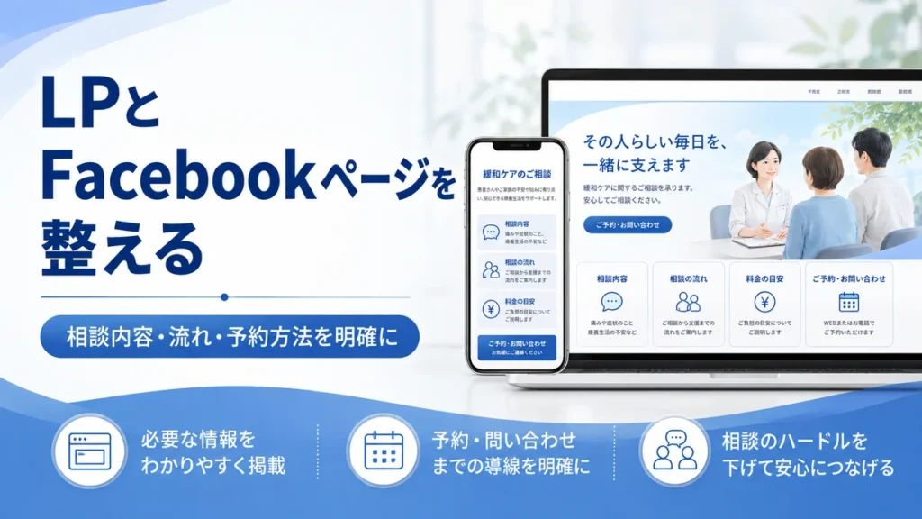 LPとFacebookページで相談内容や予約方法を分かりやすく整えるイラスト
