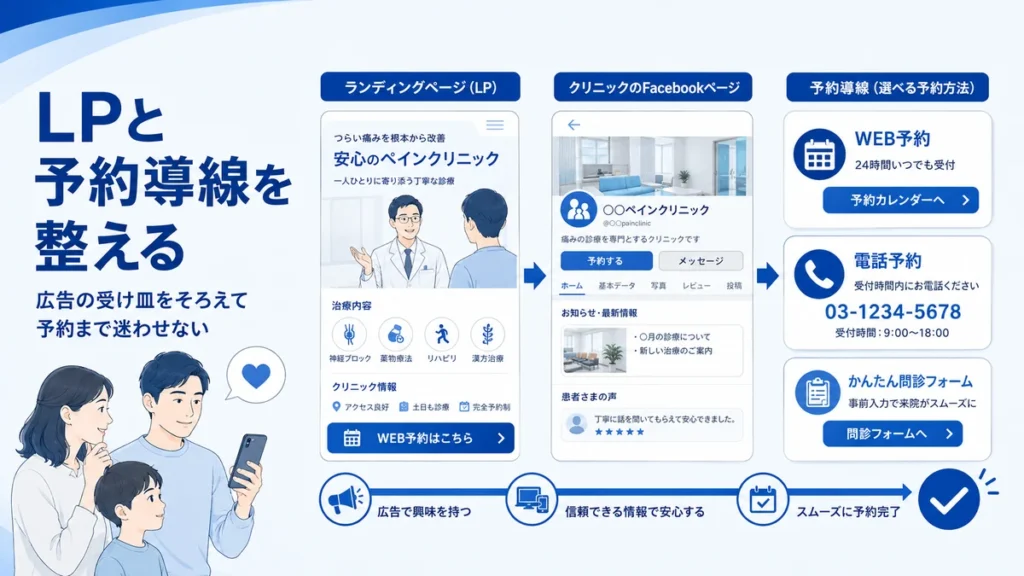 LPとFacebookページ、Web予約や電話予約の導線を整える流れを示すイラスト