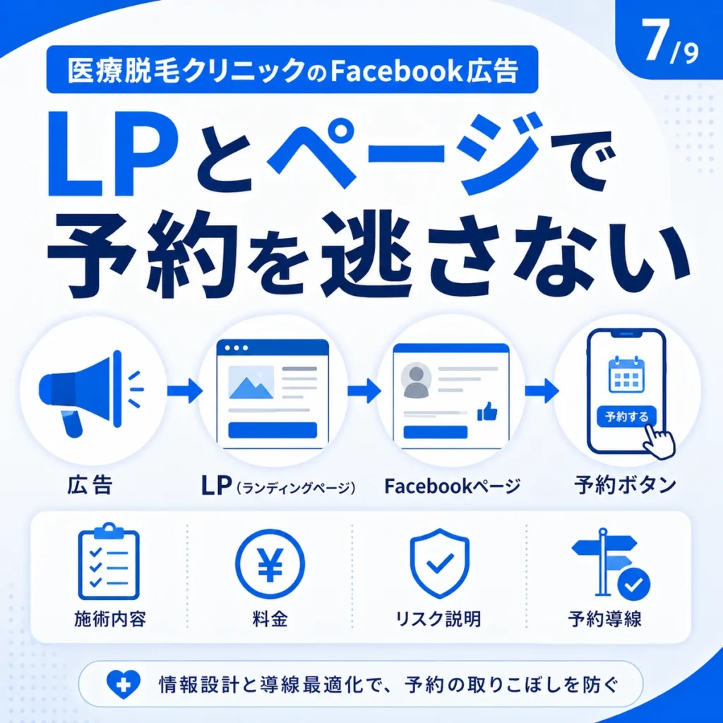 広告からLP、Facebookページ、予約ボタンまでの予約導線を示すイラスト