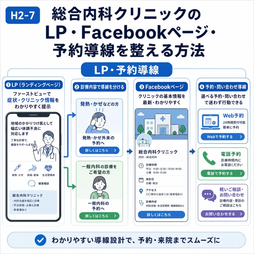 LPとFacebookページ、Web予約や電話予約の導線を整える流れを示すイラスト