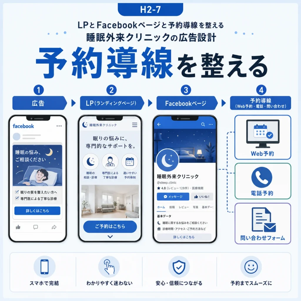 LPとFacebookページとWeb予約や電話予約をつなぐ睡眠外来クリニックの予約導線を示すイラスト