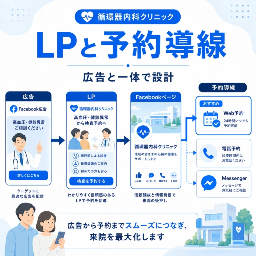 Facebook広告からLPとFacebookページを経由してWeb予約や電話予約につなげる導線を示すイラスト