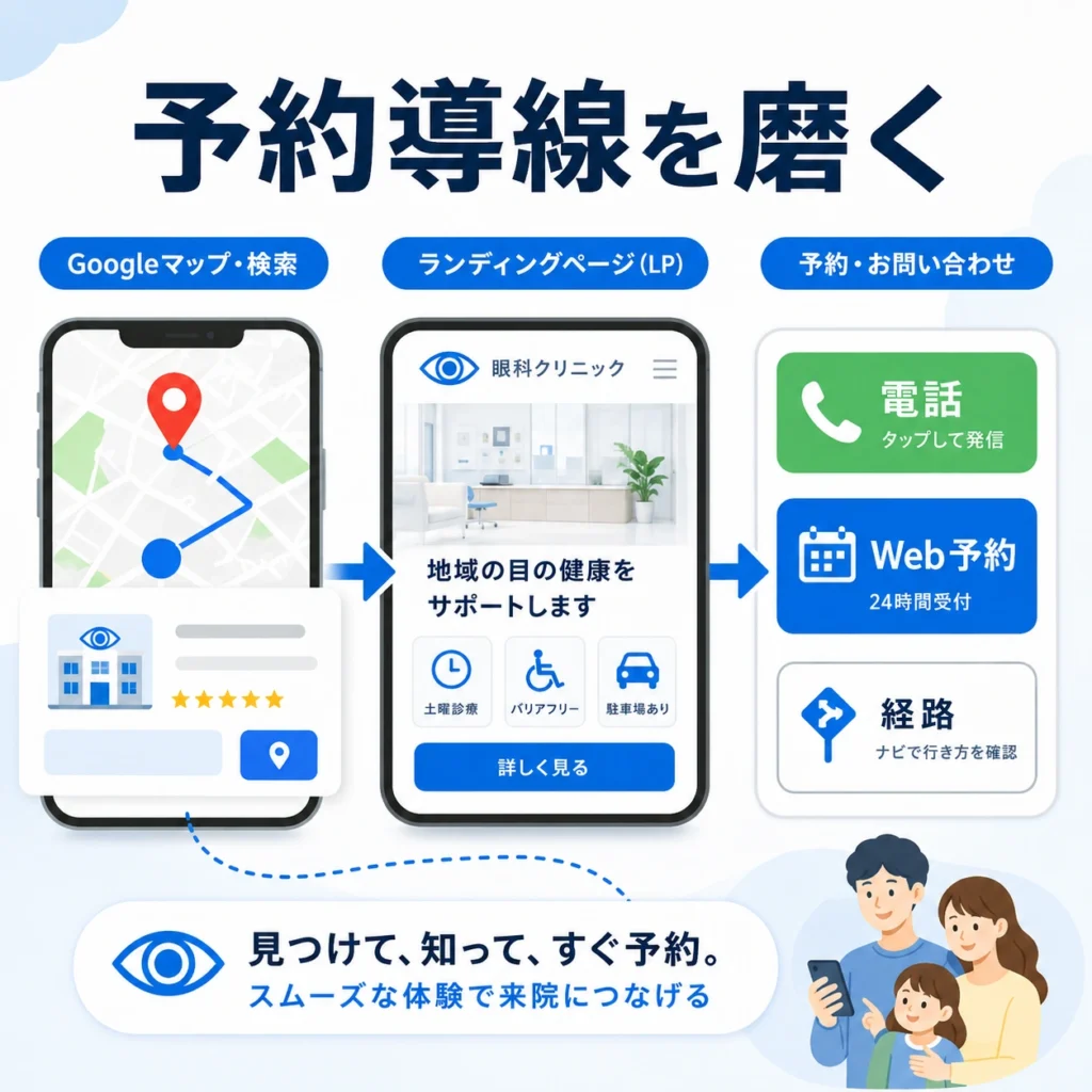 Googleマップ接触後にLP・GBP・電話・Web予約へスムーズにつなぐ導線を示すイラスト