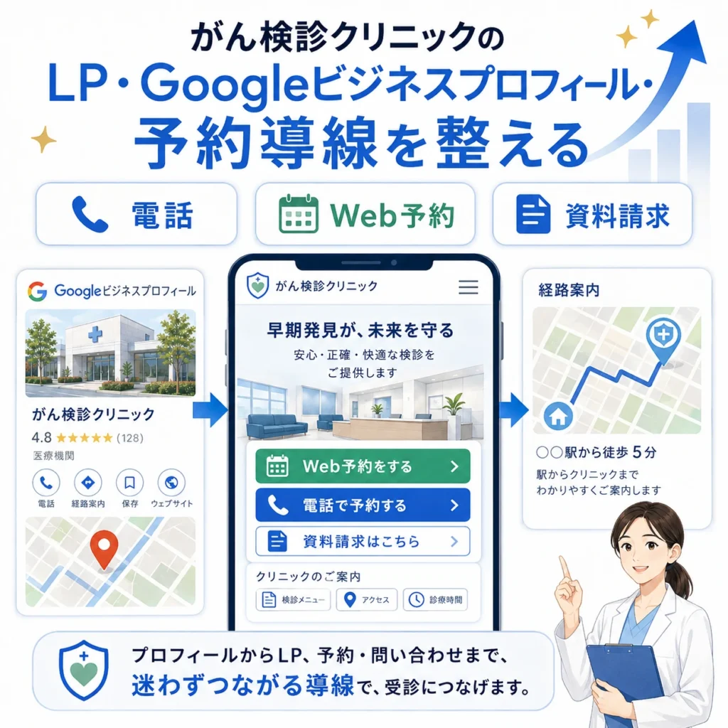 LP・Googleビジネスプロフィール・電話・Web予約・資料請求の導線を整えるイラスト