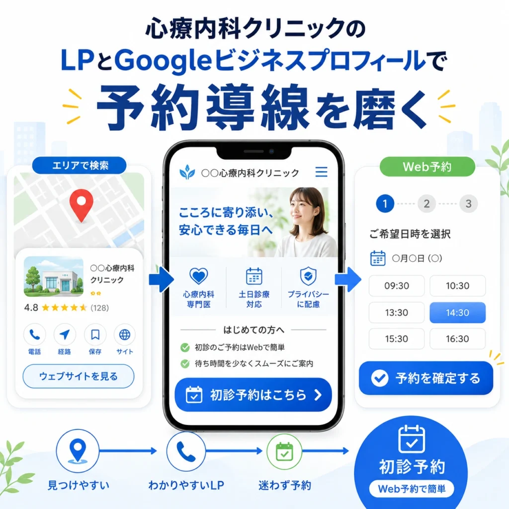 LPとGoogleビジネスプロフィールから初診Web予約へ迷わず進める導線を示すイラスト