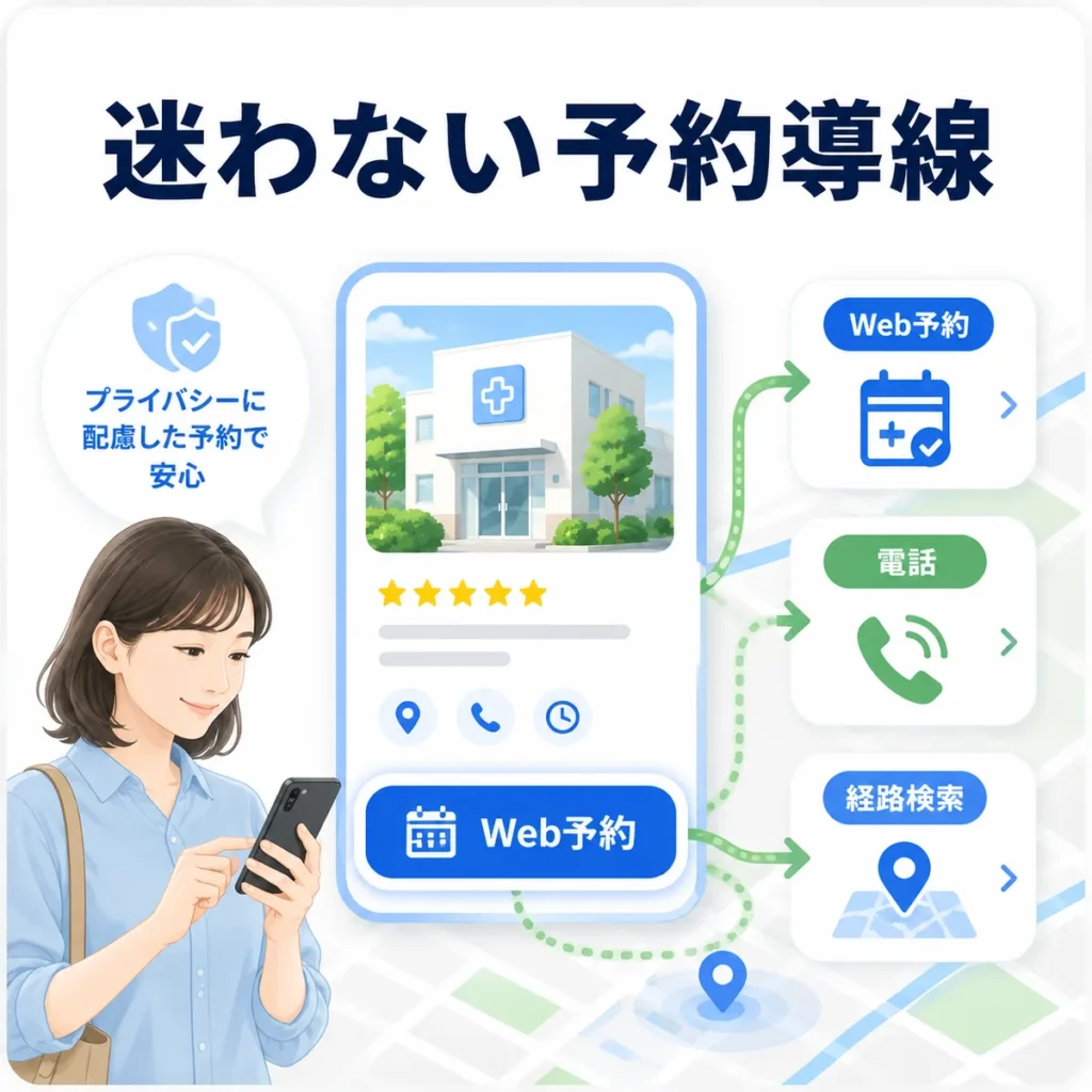 LPやGoogleビジネスプロフィールからWeb予約、電話、経路検索へ迷わず進める予約導線を示すイラスト
