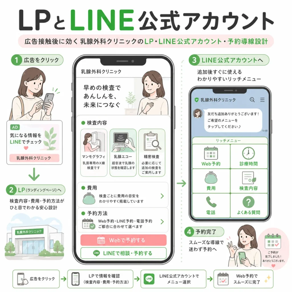 広告接触後にLPとLINE公式アカウントから検査内容や費用を確認して予約へ進む導線のイラスト