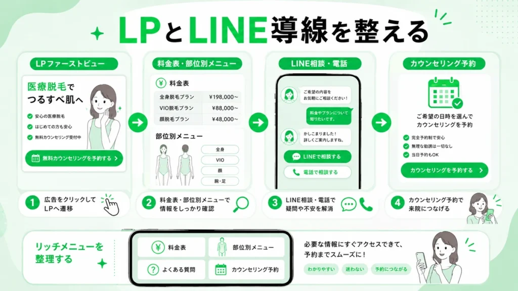 医療脱毛広告からLP、LINE相談、カウンセリング予約へつなげる導線設計のイラスト