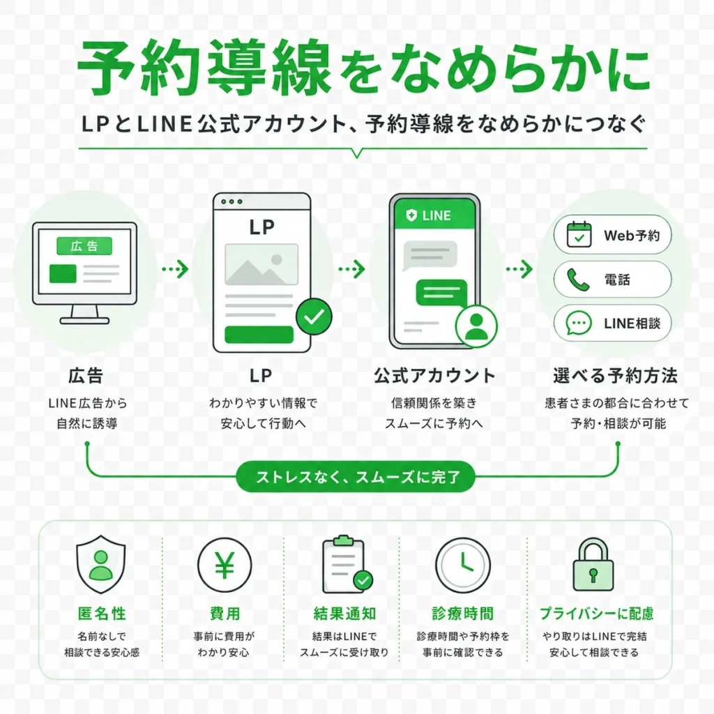 広告からLP、LINE公式アカウント、Web予約や電話相談へつなぐ導線を示すイラスト