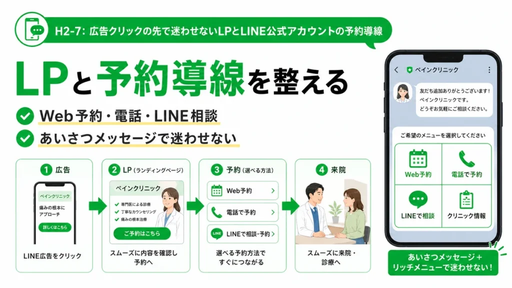 広告クリック後にLPとLINE公式アカウントで迷わせず予約へつなげる導線を示すイラスト