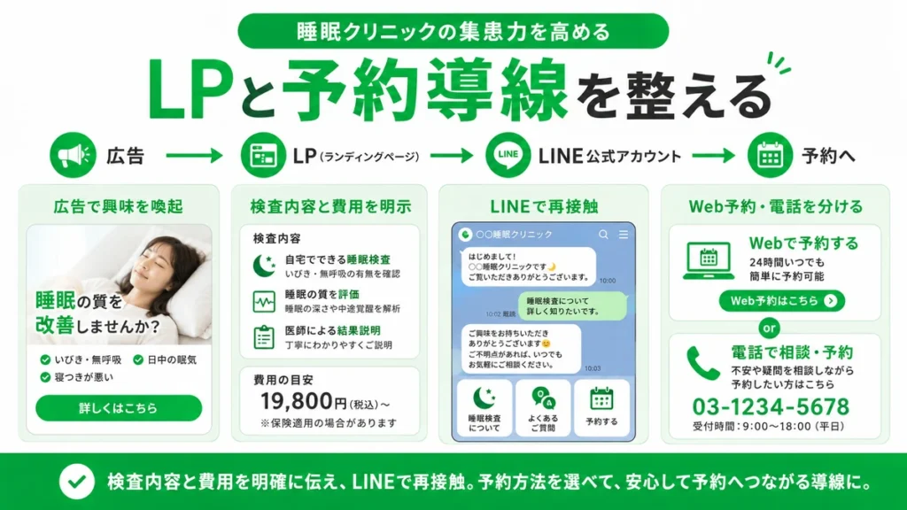 LPとLINE公式アカウントからWeb予約や電話相談へつなげる睡眠外来の予約導線を示すイラスト