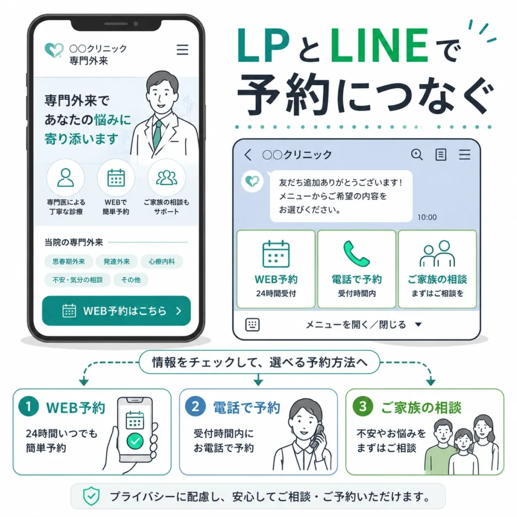 LPとLINE公式アカウントからWeb予約や電話予約、家族相談へつなぐ導線のイラスト