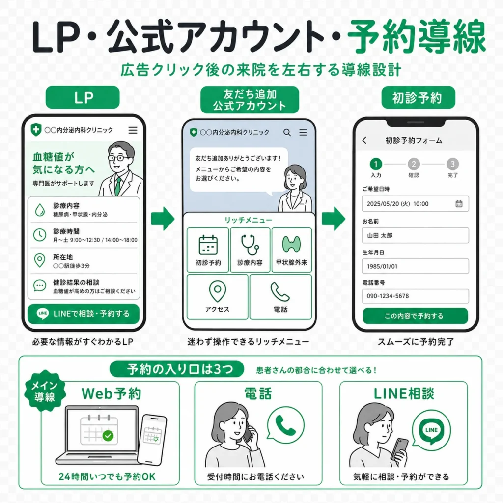 LPからLINE公式アカウント、初診予約へつなげる来院導線を示すイラスト