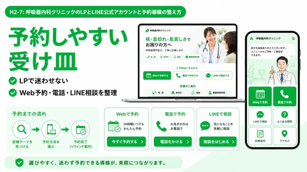 呼吸器内科クリニックのLPとLINE公式アカウントで予約しやすい導線を整えるイラスト
