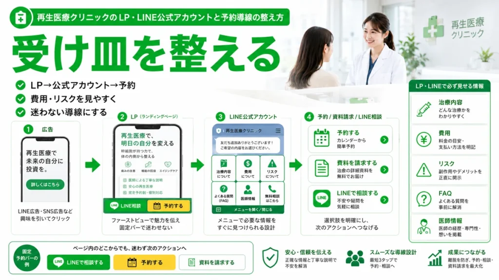 再生医療クリニックのLPからLINE公式アカウント、予約導線までの受け皿設計を示すイラスト