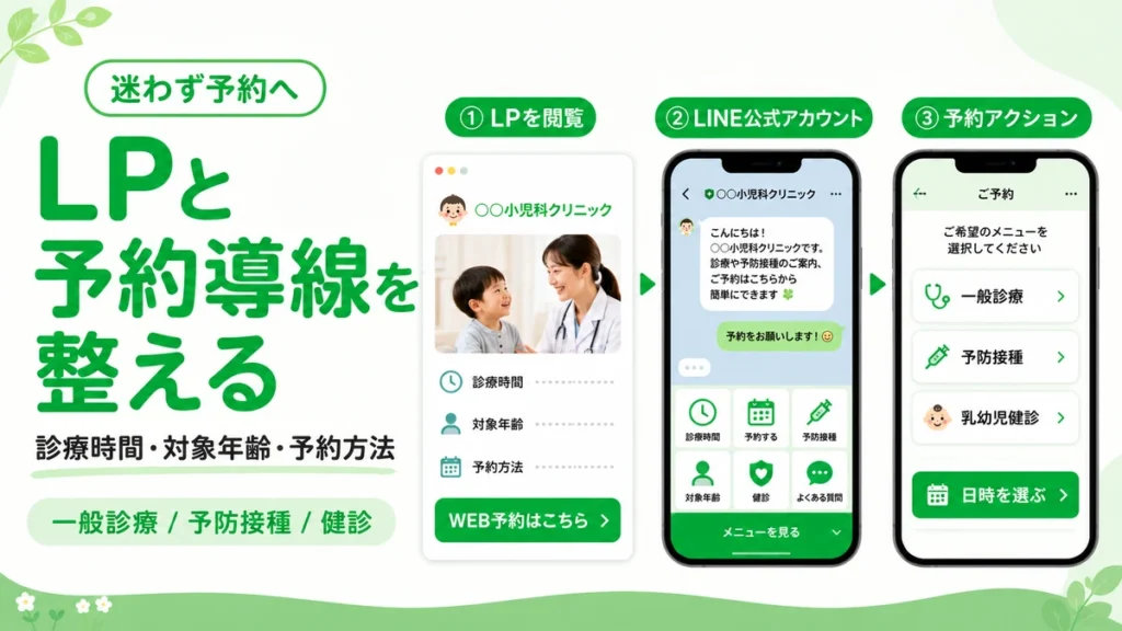広告後にLPとLINE公式アカウントから予約へ進む導線を整理したイラスト