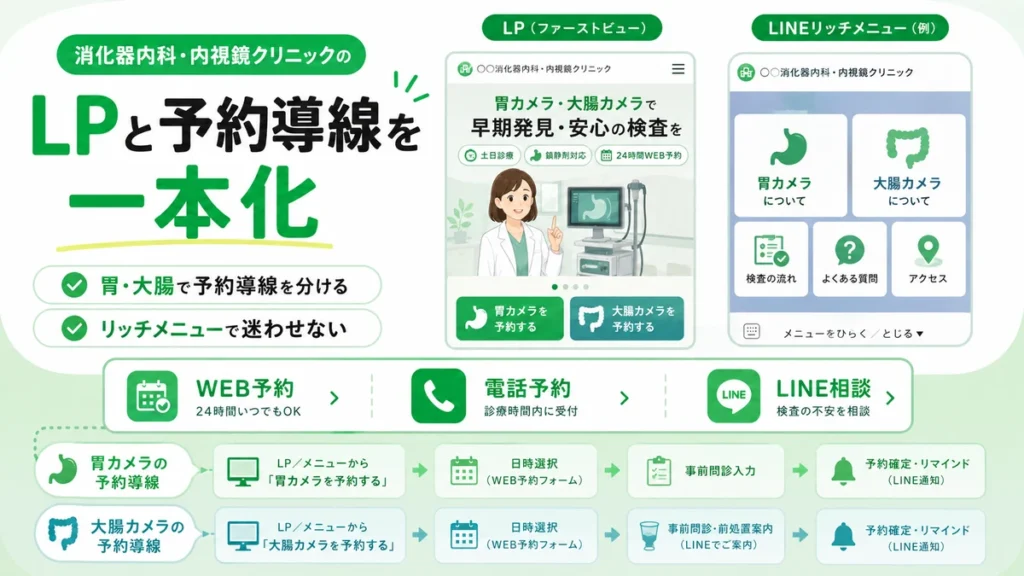 LPとLINE公式アカウントのリッチメニューから胃カメラ・大腸カメラ予約へ導く流れを示すイラスト