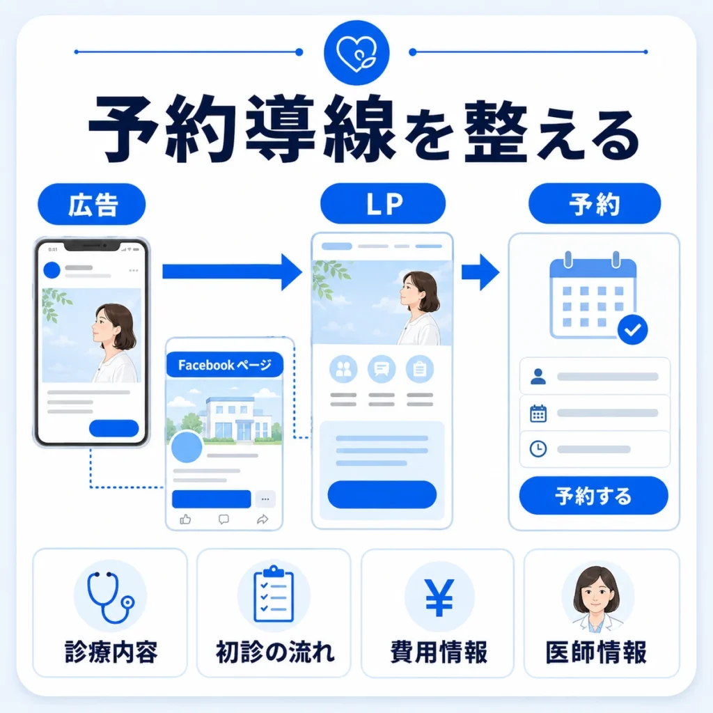 広告からLP、Facebookページ、予約までの導線を一体で整える流れを示すイラスト
