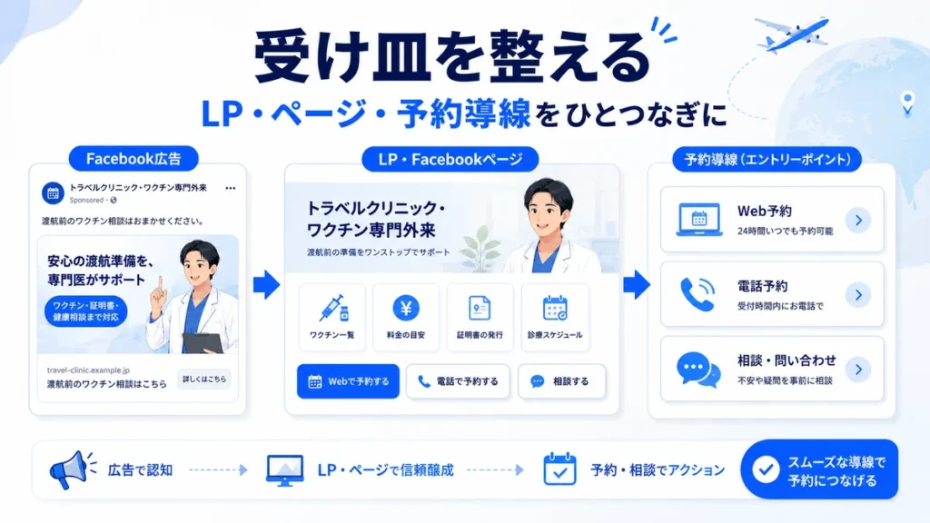 Facebook広告からLP、Facebookページ、Web予約や電話予約へつなげる導線設計のイラスト