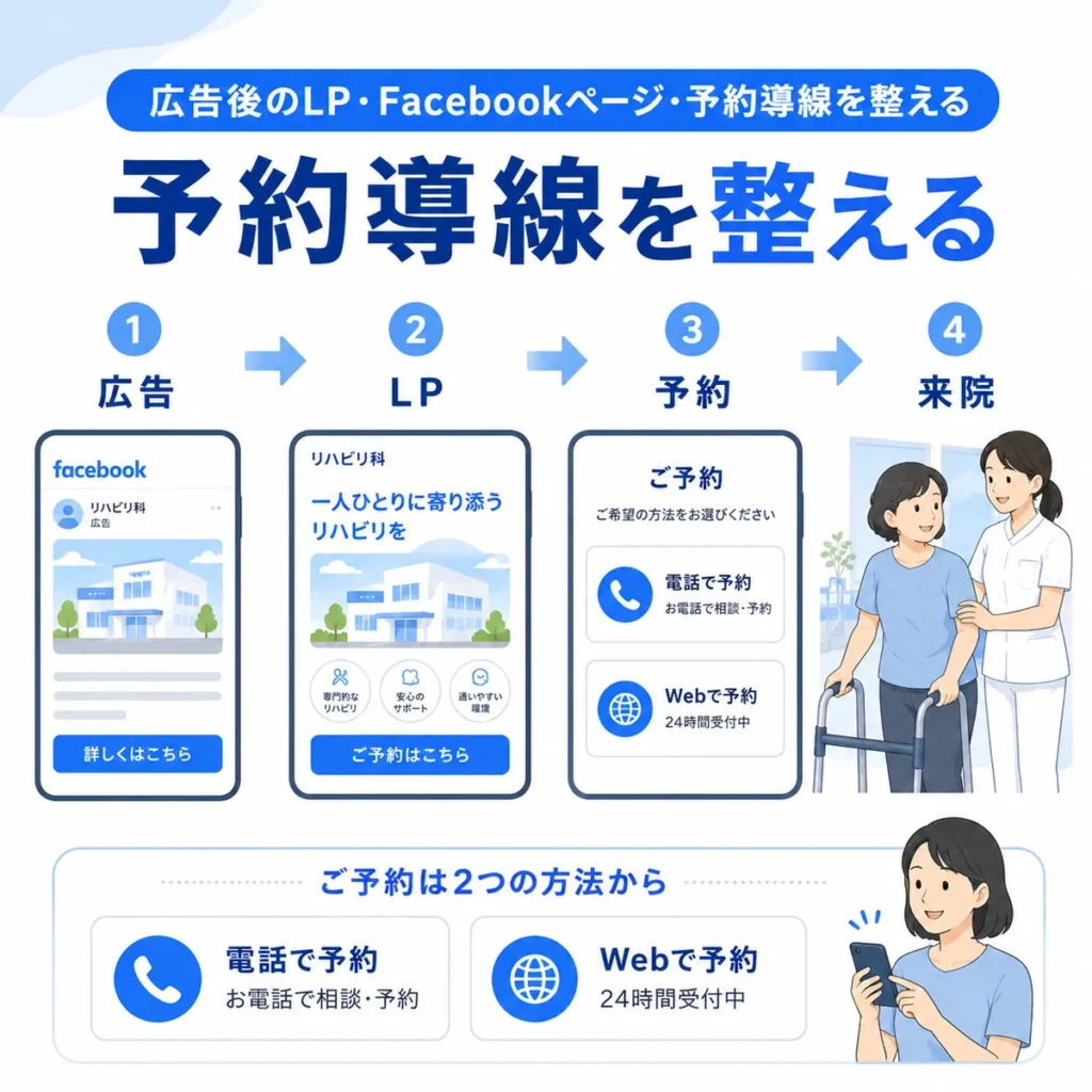 Facebook広告からLP、予約、来院までの予約導線を分かりやすく示すイラスト