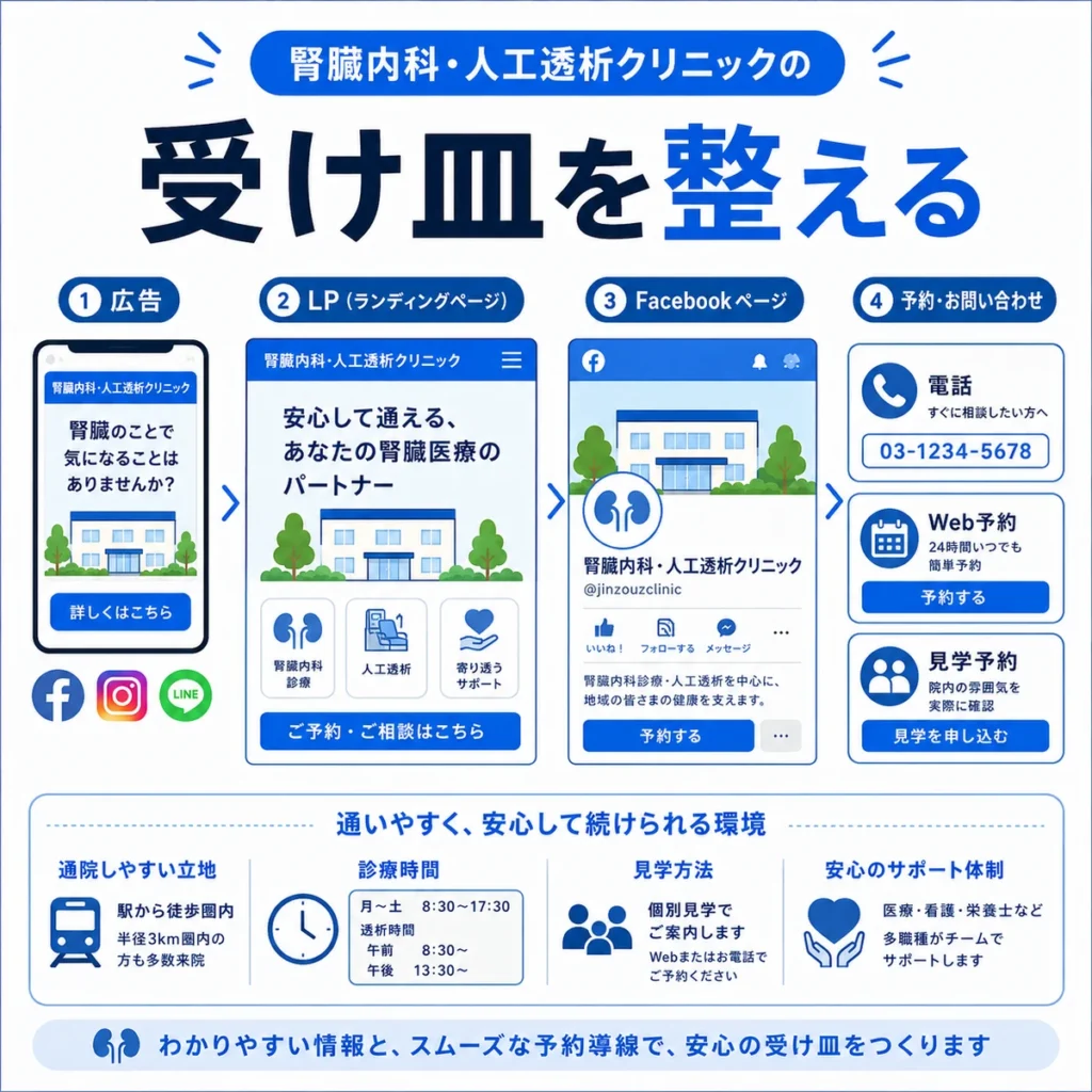 LP・Facebookページ・電話やWeb予約など透析クリニックの受け皿導線を示すイラスト