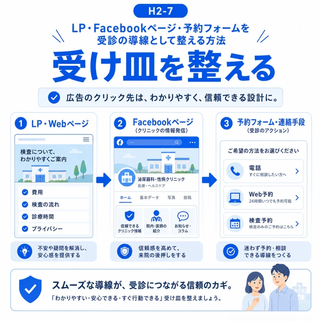 LP、Facebookページ、予約フォームを受診につながる導線として整える方法を示すイラスト