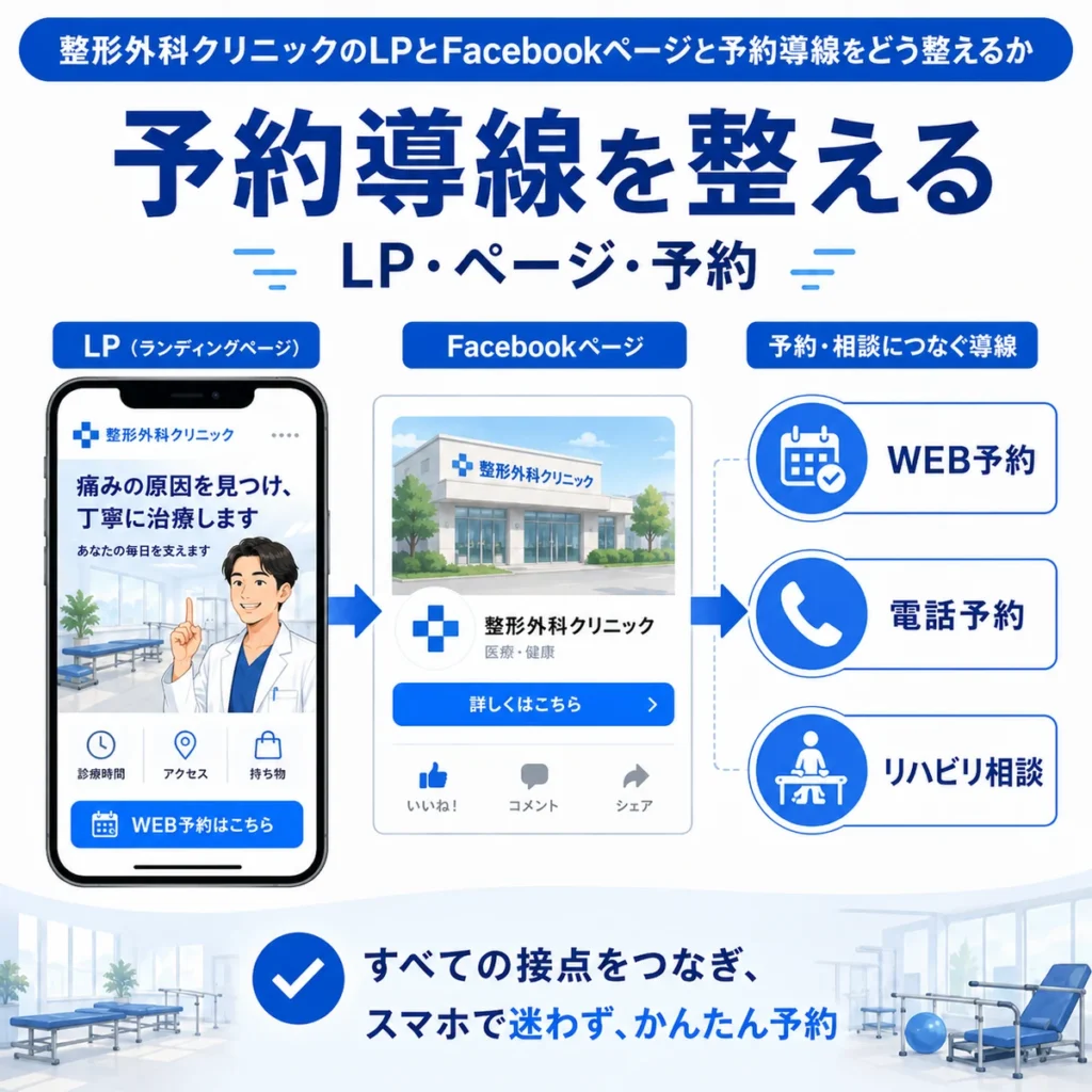 LPとFacebookページとWeb予約や電話予約をつなぐ整形外科クリニックの予約導線を示すイラスト
