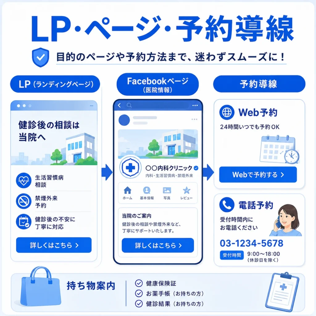 LP、Facebookページ、Web予約や電話予約の受け皿設計を示すイラスト