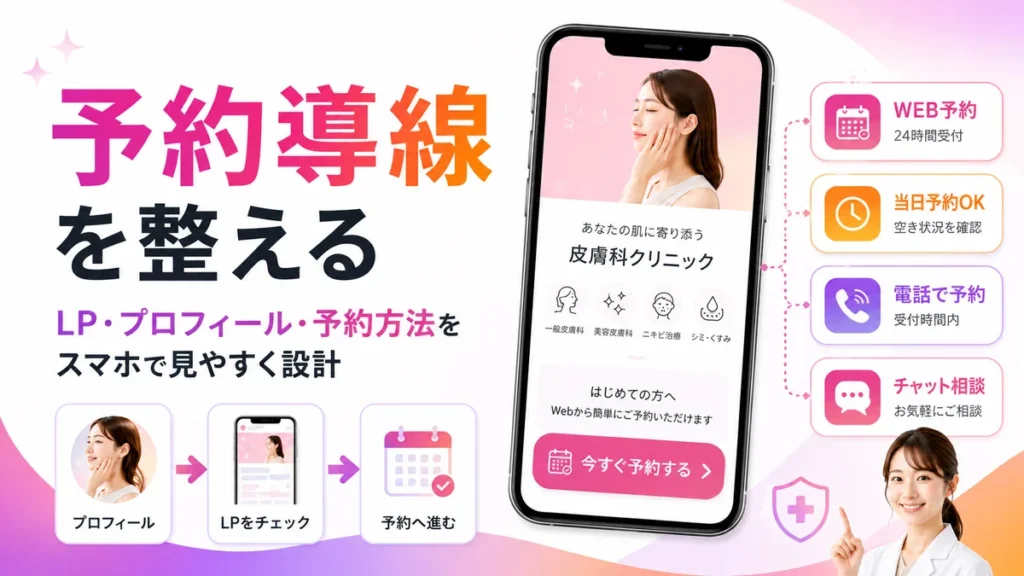 LP・プロフィール・Web予約をスマホで見やすく整える予約導線のイラスト