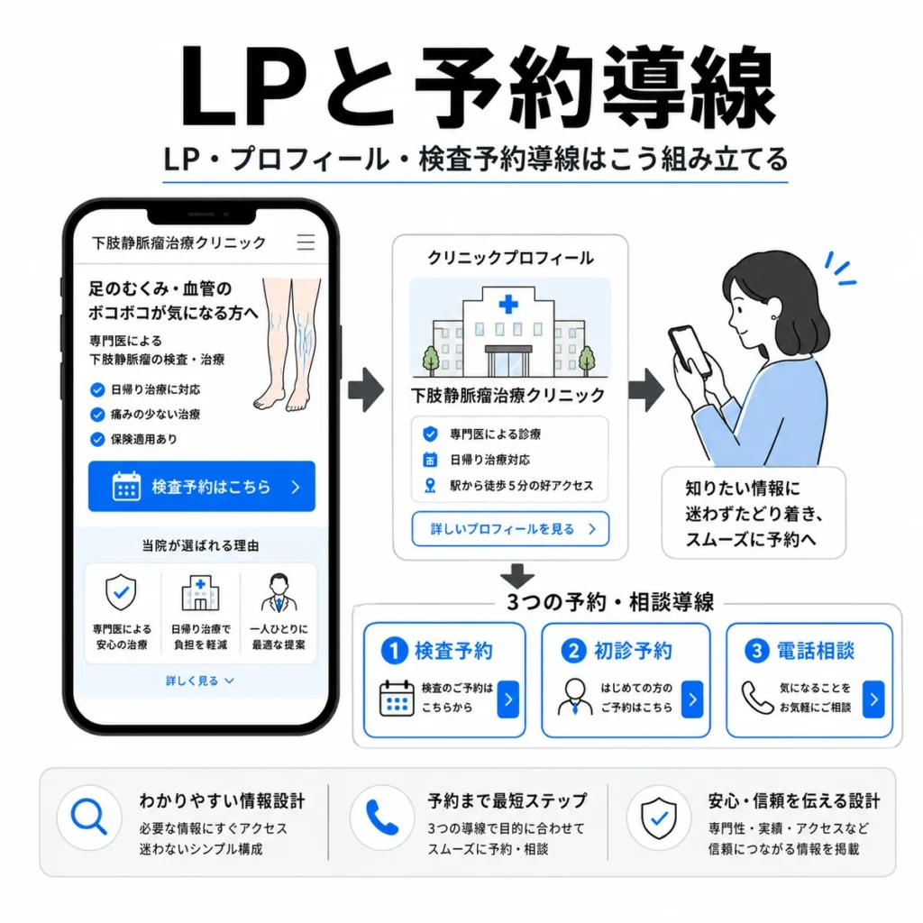下肢静脈瘤治療クリニックのLP・プロフィール・検査予約・初診予約・電話相談の導線設計を示すイラスト