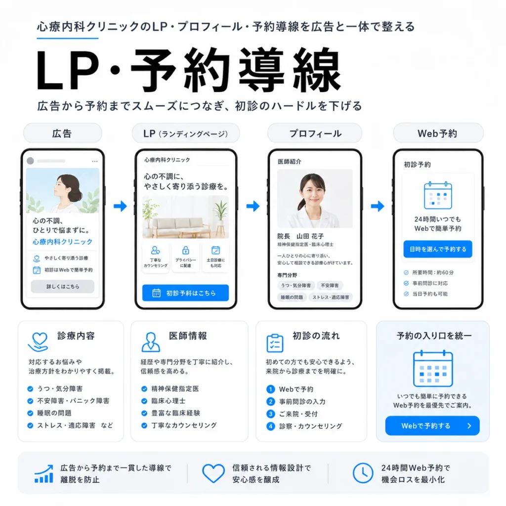 広告からLP、プロフィール、Web予約までの導線を一体で整える流れを示すイラスト