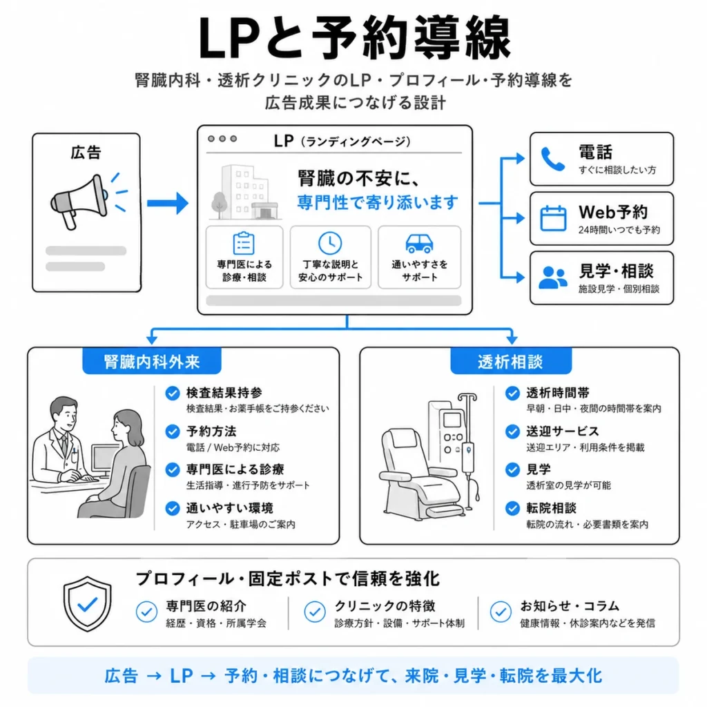 X広告からLP、電話、Web予約、見学相談へつなげる予約導線のフロー図