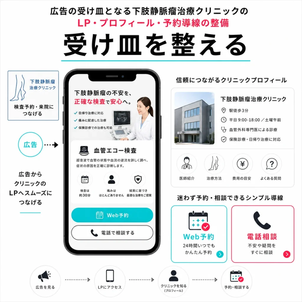 広告後の受け皿としてLPとプロフィールとWeb予約や電話相談の導線を整えるイラスト
