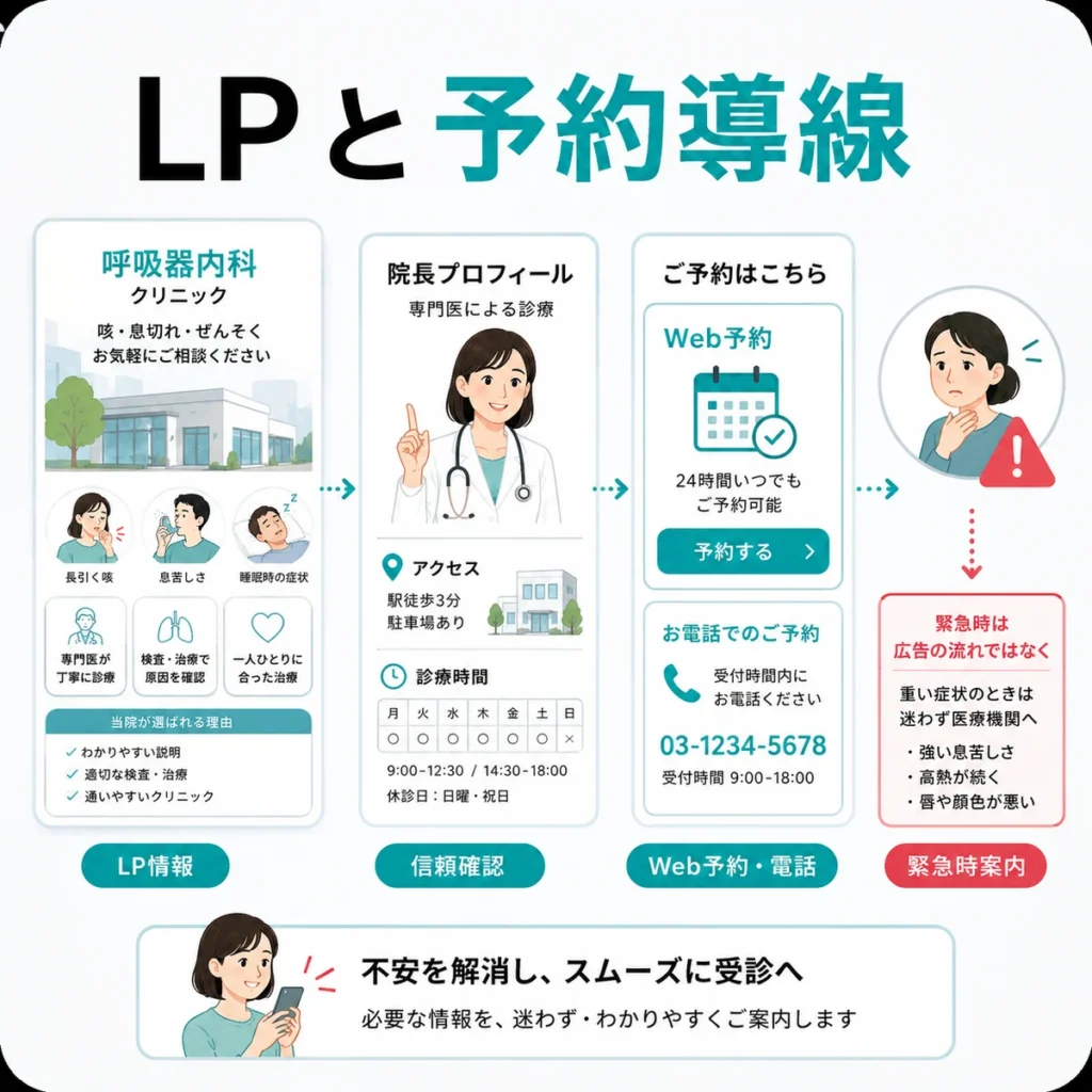 TikTok広告の受け皿となるLP、プロフィール、Web予約、電話導線を整理したイラスト
