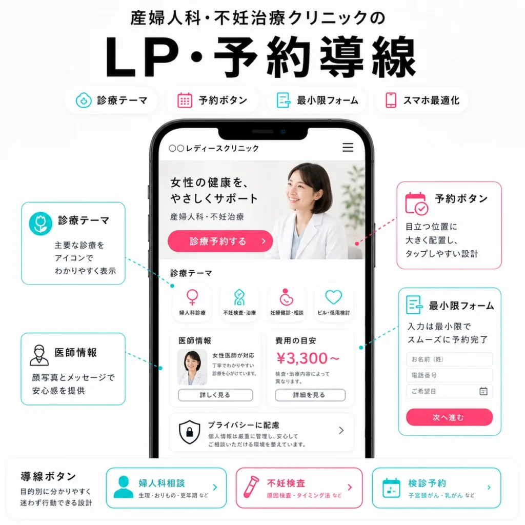 産婦人科・不妊治療クリニックのLPと予約導線をスマホ向けに整える方法を示すイラスト