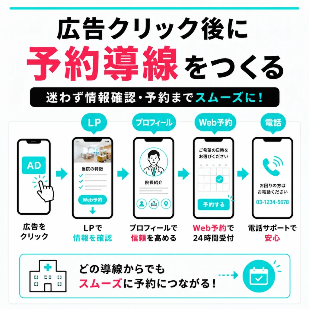 広告クリック後にLPやプロフィールからWeb予約や電話へつなげる予約導線を示すイラスト