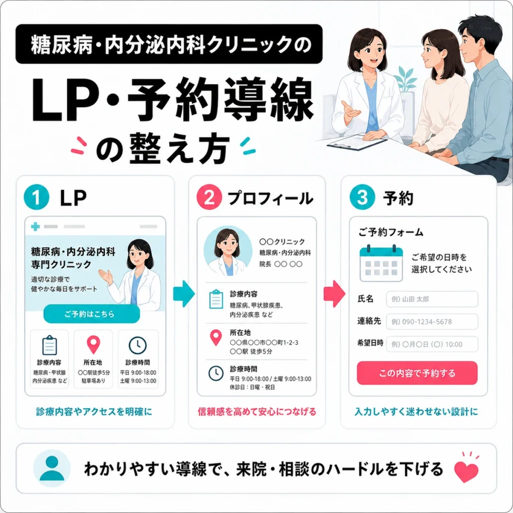 糖尿病・内分泌内科クリニックのLP、プロフィール、予約フォームを整えて来院相談へつなげる導線を示すイラスト