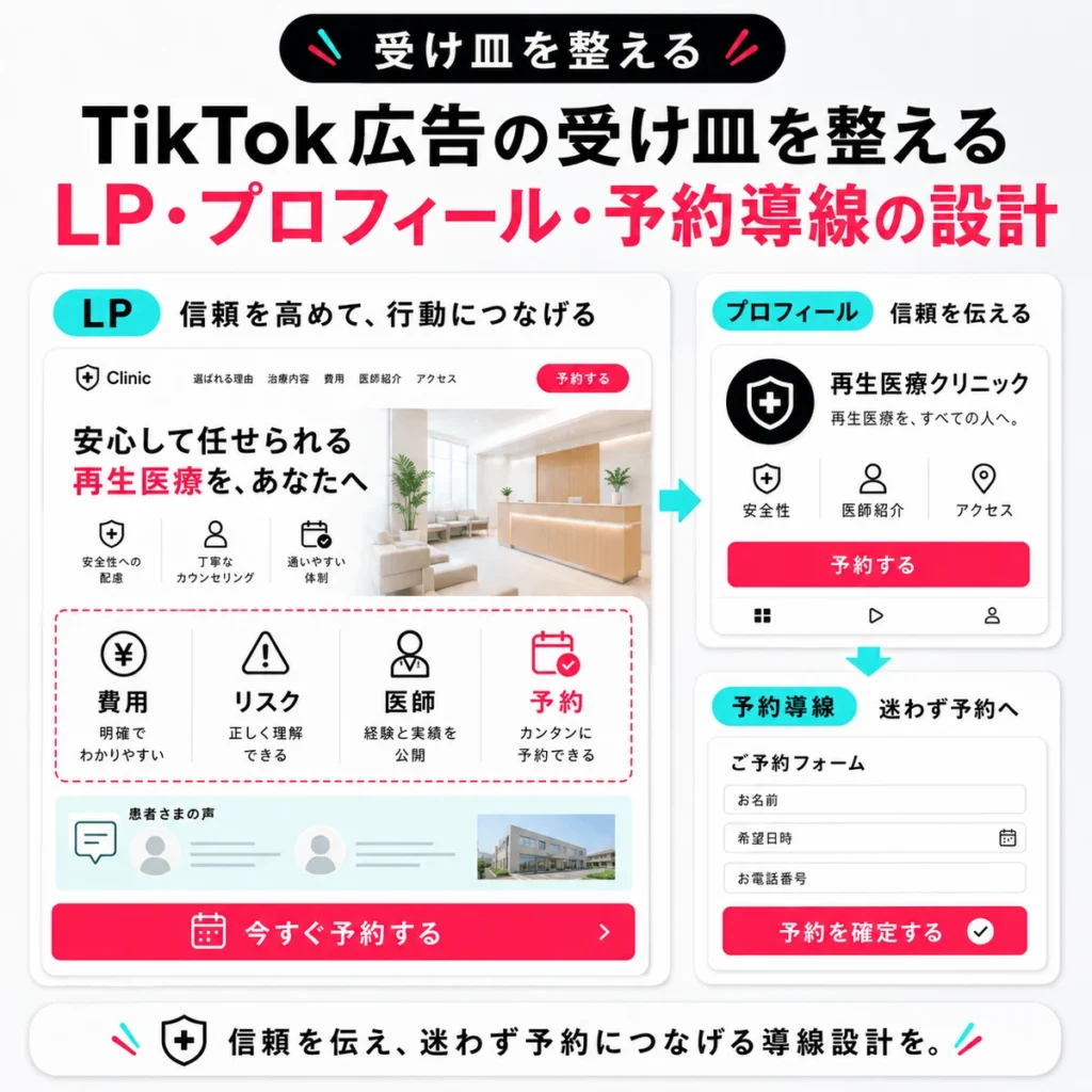 TikTok広告の受け皿となるLP、プロフィール、予約導線の整備ポイントを示すイラスト