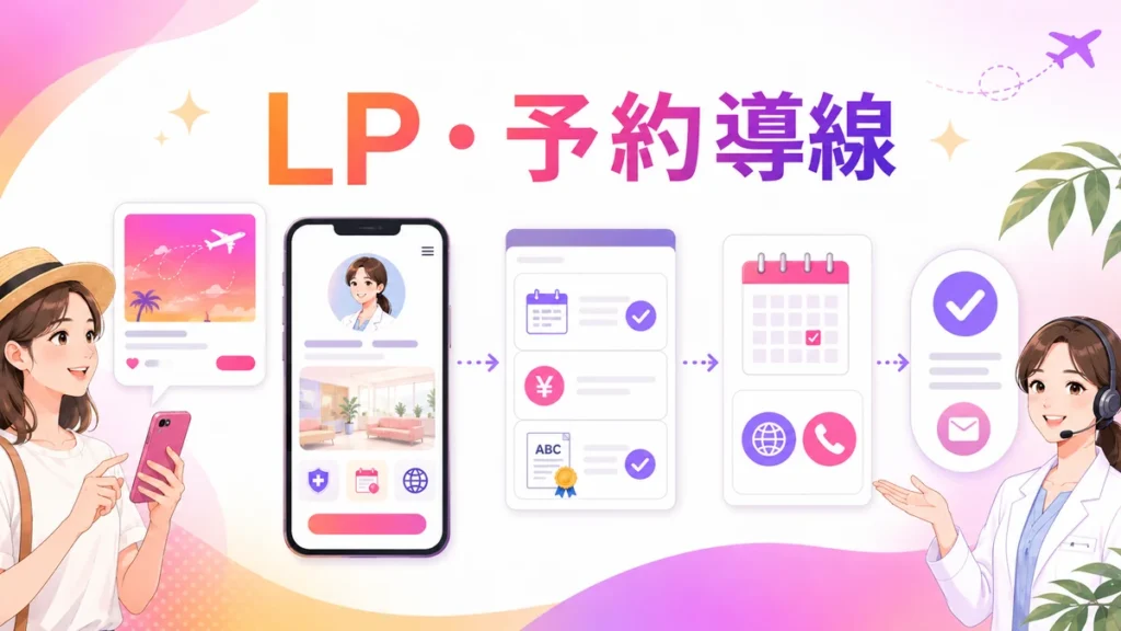 広告からLPやプロフィールを経て予約へ迷わせない導線設計のイラスト