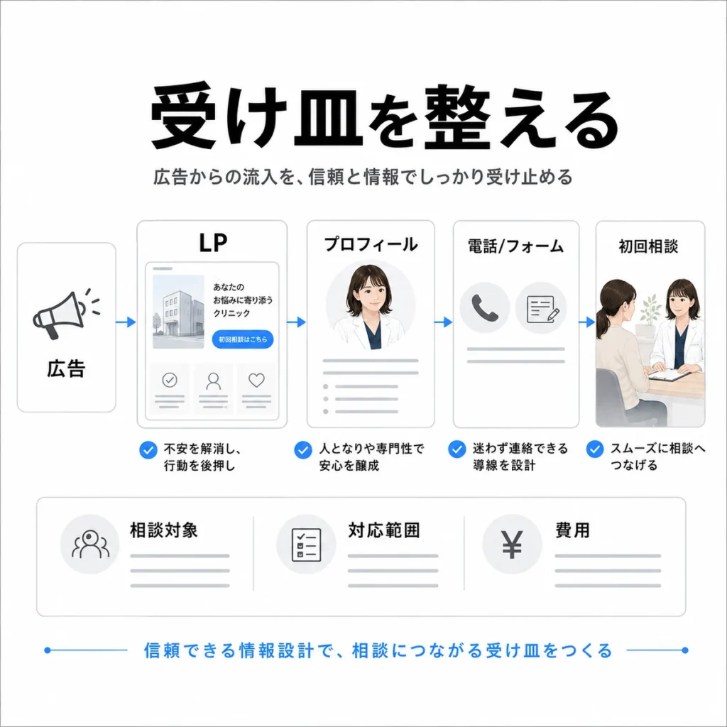 広告からLP、プロフィール、電話フォーム、初回相談へつなげる受け皿導線を整理したイラスト