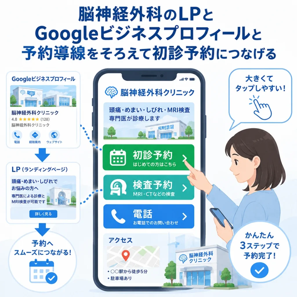 LPとGoogleビジネスプロフィールから初診予約・検査予約へ迷わず進む導線を示すイラスト