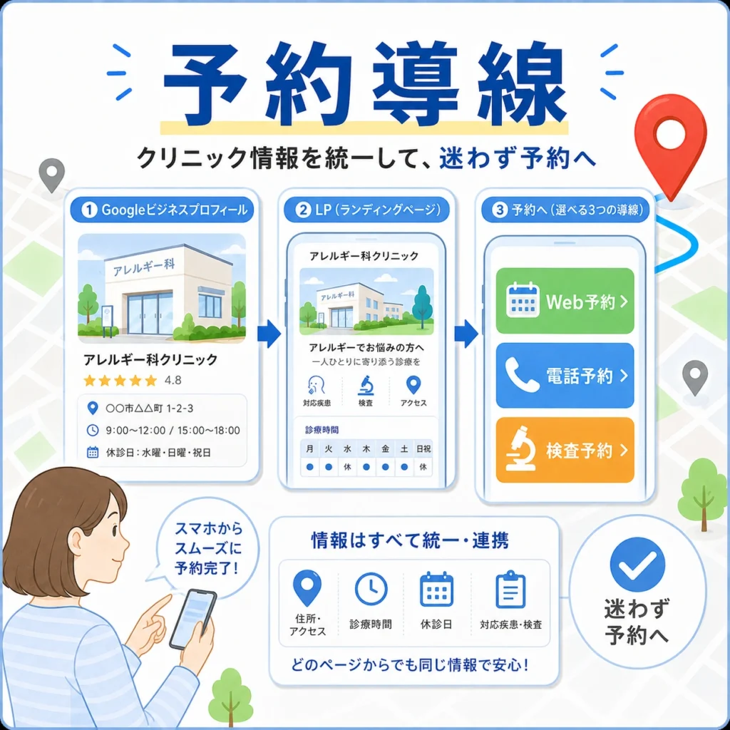 LP、Googleビジネスプロフィール、Web予約・電話予約・検査予約の導線を整える流れを示すイラスト