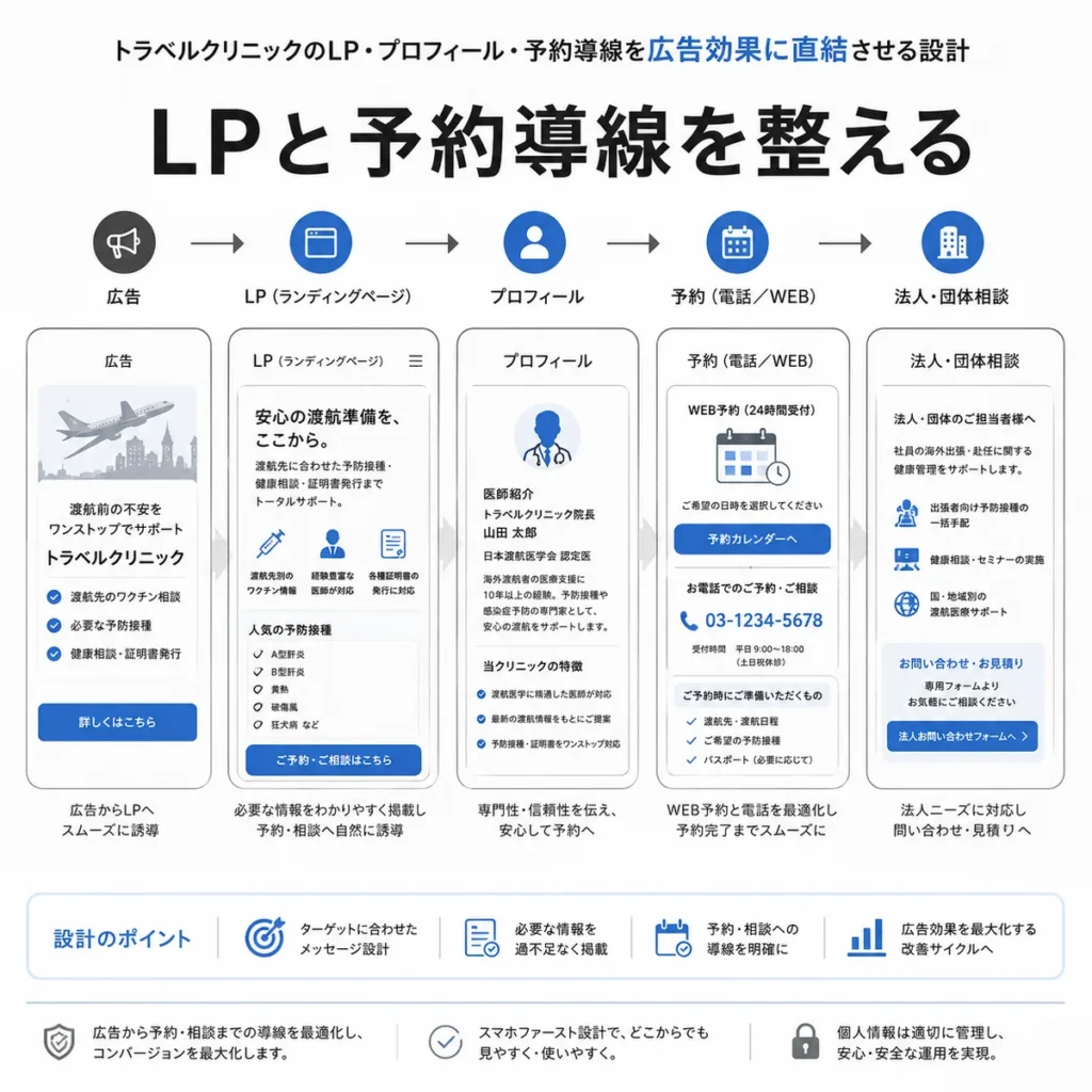 トラベルクリニックのLP、プロフィール、予約導線を整える流れを示すイラスト